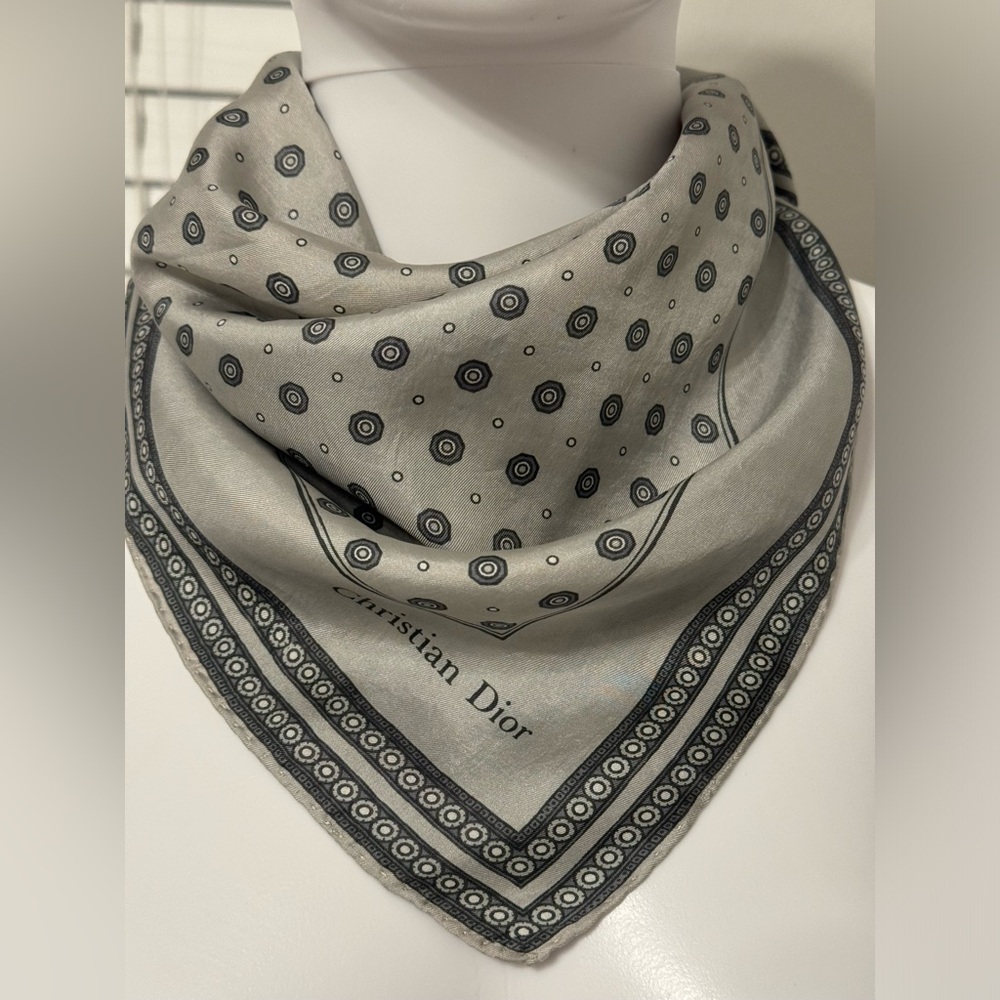 Christian Dior silk scarf, gray, square, 18.5 inches, logo. 100% silk. - Picture 8 of 12